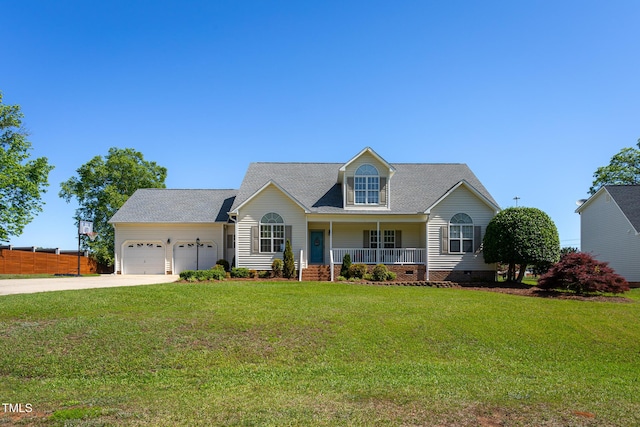 view of front of home featuring crawl space, covered porch, a garage, driveway, and roof with shingles