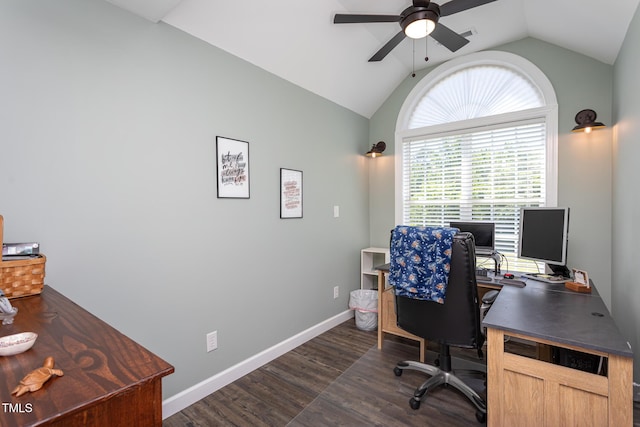 office featuring a ceiling fan, lofted ceiling, dark wood finished floors, and baseboards
