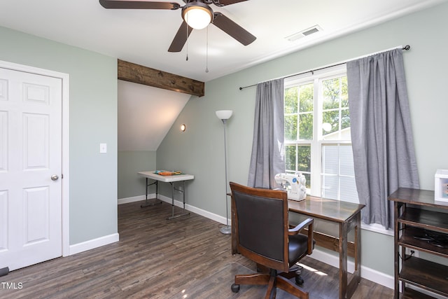 office area with wood finished floors, ceiling fan, and baseboards