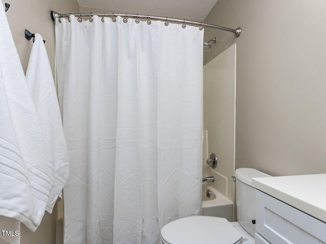 full bathroom featuring toilet, a textured ceiling, and shower / bathtub combination with curtain