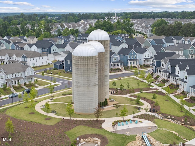 aerial perspective of suburban area with a community park