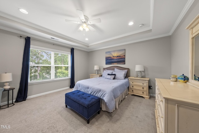 bedroom with light carpet, a raised ceiling, baseboards, crown molding, and recessed lighting