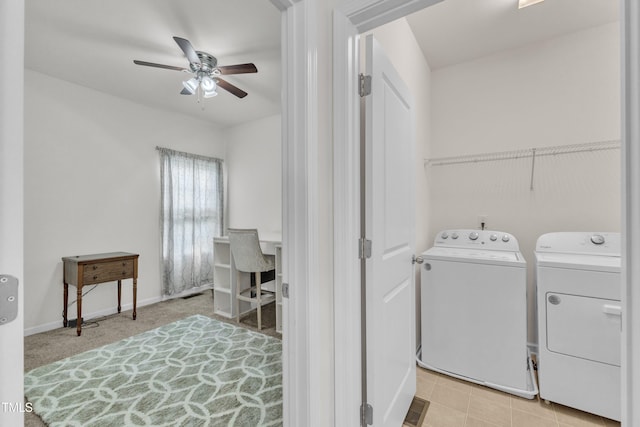 416 Durants Neck Ln, Morrisville, NC 27560 - clothes washing area with washer and clothes dryer, a ceiling fan, an office area, light colored carpet, and baseboards