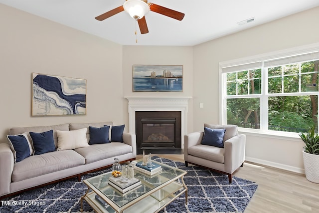 2513 Magnolia Tree Ln, Durham, NC 27703 - living room featuring wood finished floors, a ceiling fan, baseboards, and a glass covered fireplace