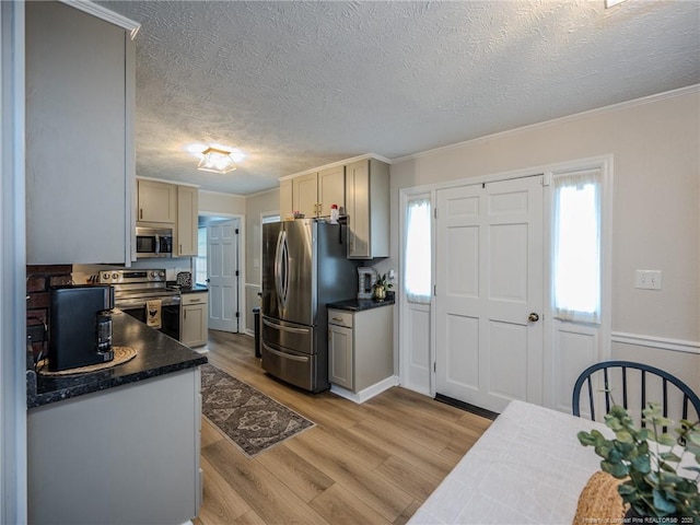 kitchen featuring a textured ceiling, dark countertops, a healthy amount of sunlight, and appliances with stainless steel finishes