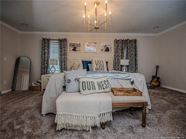 carpeted bedroom with a chandelier, baseboards, and ornamental molding