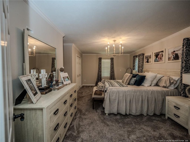 bedroom with dark carpet, ornamental molding, and a chandelier