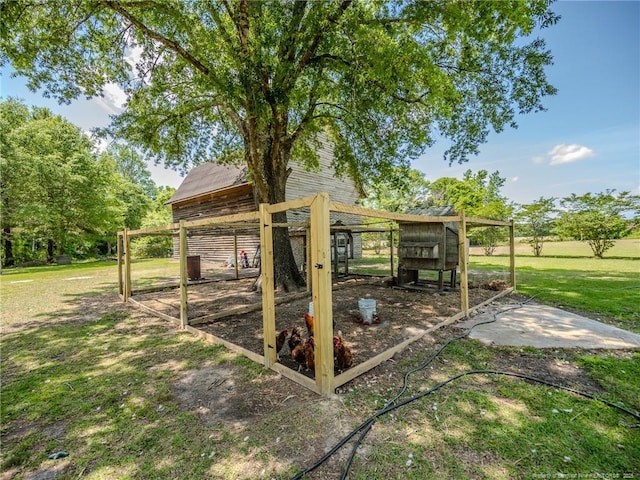 view of poultry coop with a lawn
