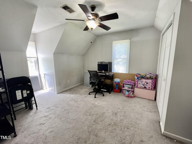1305 Shakentown St, Knightdale, NC 27545 - office area with vaulted ceiling, ceiling fan, carpet floors, a textured ceiling, and baseboards