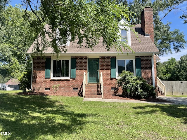 1305 Shakentown St, Knightdale, NC 27545 - cape cod house with entry steps, crawl space, a chimney, a shingled roof, and brick siding