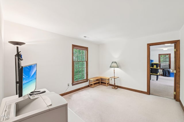 home office with visible vents, baseboards, and carpet floors