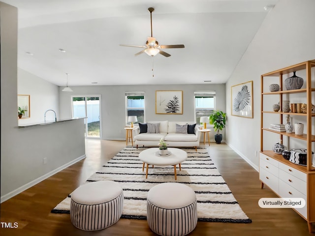 2079 Alderman Way, Creedmoor, NC 27522 - living room featuring lofted ceiling, a ceiling fan, and plenty of natural light