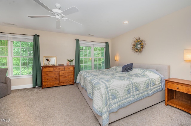 bedroom with carpet flooring, a ceiling fan, baseboards, and recessed lighting