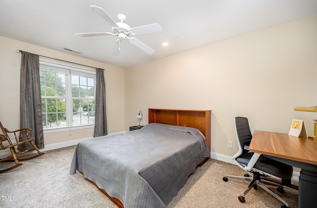 carpeted bedroom featuring baseboards, a desk, recessed lighting, and ceiling fan