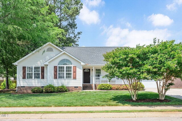 single story home featuring crawl space, covered porch, a garage, a shingled roof, and driveway