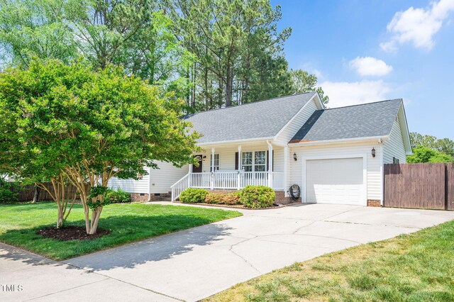 single story home with covered porch, a garage, roof with shingles, driveway, and crawl space