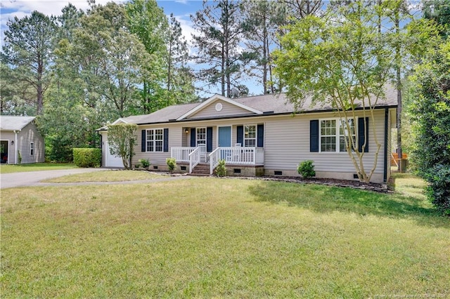 635 Chuckar Ct, Vass, NC 28394 - single story home with a front lawn, concrete driveway, a porch, and crawl space