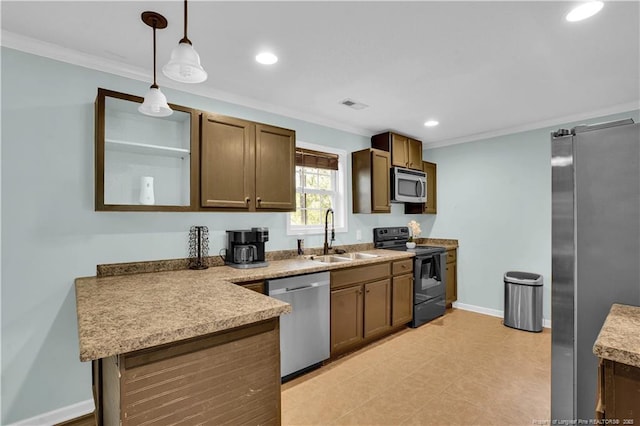 635 Chuckar Ct, Vass, NC 28394 - kitchen featuring decorative light fixtures, baseboards, ornamental molding, a sink, and stainless steel appliances