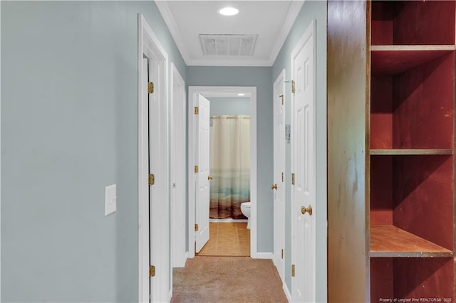 635 Chuckar Ct, Vass, NC 28394 - hallway featuring baseboards, crown molding, visible vents, and carpet