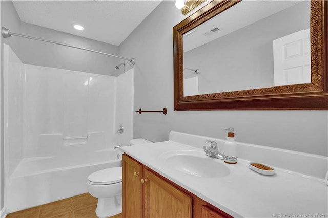 635 Chuckar Ct, Vass, NC 28394 - bathroom with toilet, tub / shower combination, tile patterned floors, visible vents, and vanity