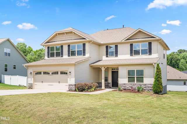 craftsman house with an attached garage, concrete driveway, board and batten siding, and stone siding
