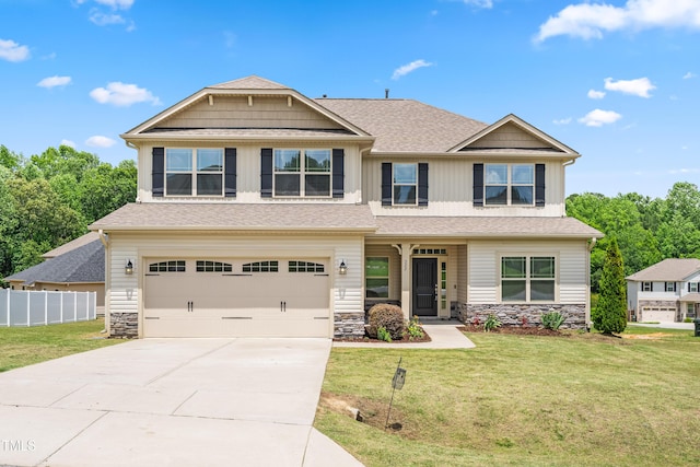 craftsman-style house with an attached garage, stone siding, concrete driveway, and board and batten siding