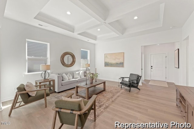 living area featuring light wood finished floors, coffered ceiling, visible vents, and beamed ceiling