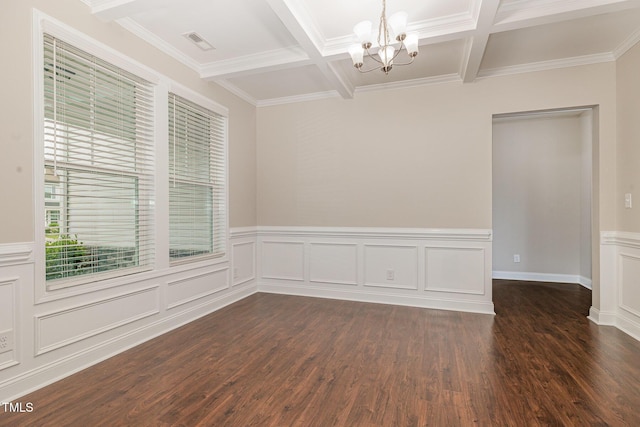 spare room with visible vents, dark wood finished floors, an inviting chandelier, beamed ceiling, and coffered ceiling