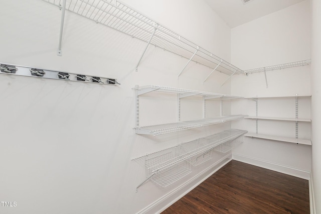 spacious closet with dark wood-style floors