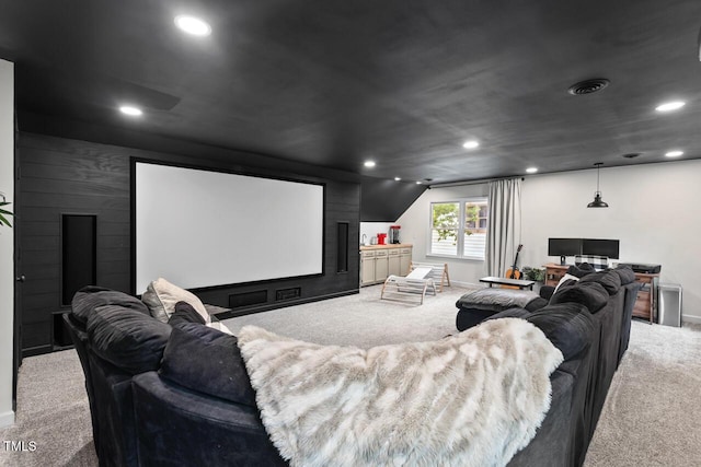 cinema room with carpet flooring, recessed lighting, and baseboards