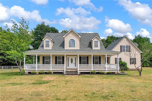 farmhouse inspired home with covered porch, roof with shingles, fence, and a front yard