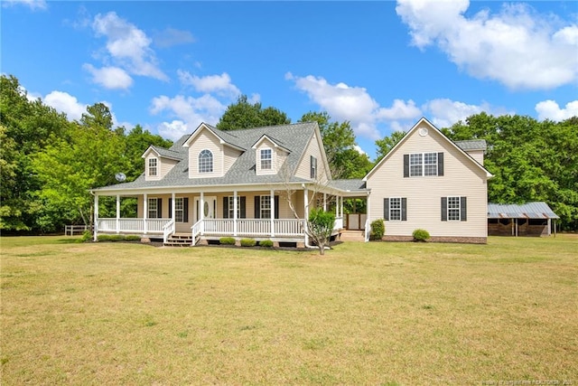 rear view of house with covered porch, roof with shingles, and a lawn