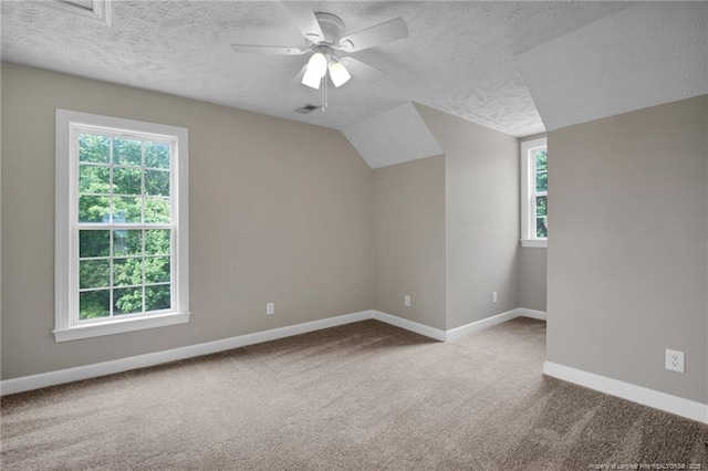 additional living space with a textured ceiling, carpet, baseboards, and visible vents