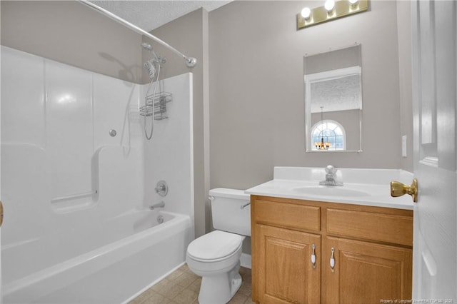 bathroom featuring vanity, toilet, a textured ceiling, and shower / bathtub combination