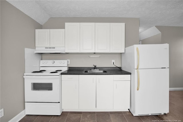 kitchen featuring a sink, white cabinets, a textured ceiling, white appliances, and under cabinet range hood
