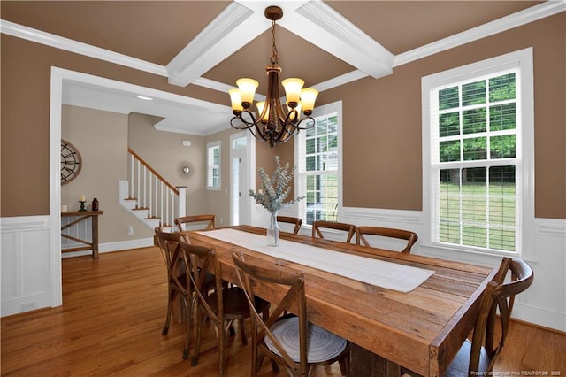 dining area with beamed ceiling, a chandelier, light wood-type flooring, ornamental molding, and wainscoting