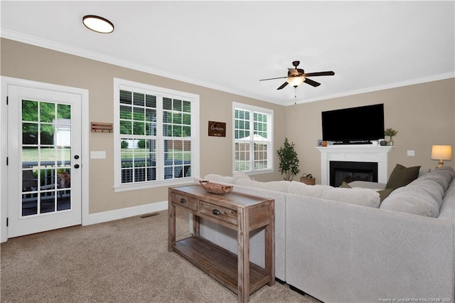 living area featuring crown molding, a ceiling fan, carpet floors, baseboards, and a glass covered fireplace