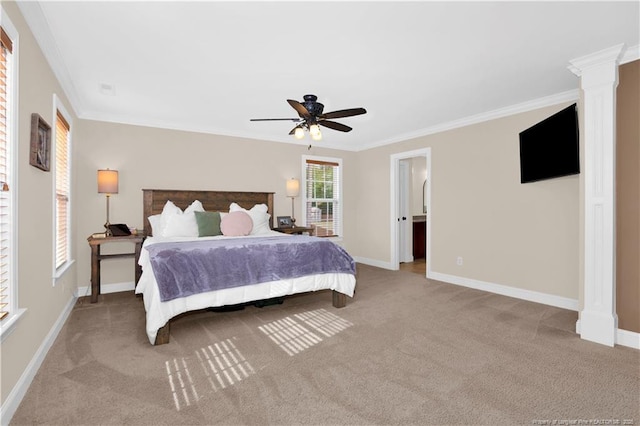 bedroom with light carpet, crown molding, baseboards, ornate columns, and ceiling fan