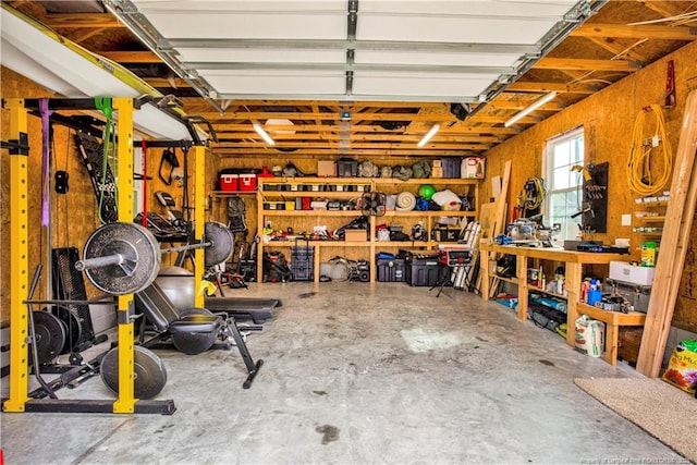 garage with a workshop area