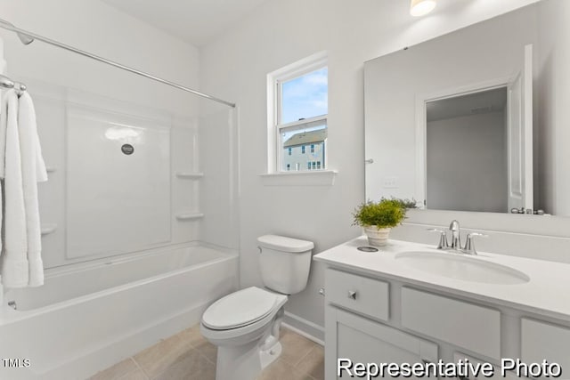full bath featuring shower / bathtub combination, toilet, baseboards, tile patterned floors, and vanity