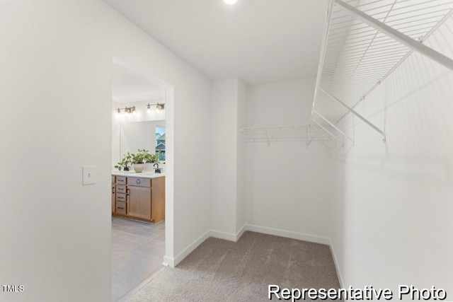 spacious closet featuring light colored carpet and a sink