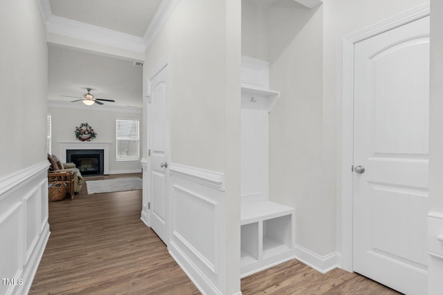 mudroom featuring a ceiling fan, ornamental molding, wood finished floors, a fireplace with flush hearth, and a wainscoted wall
