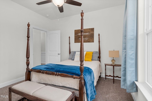 bedroom featuring carpet flooring, baseboards, and a ceiling fan