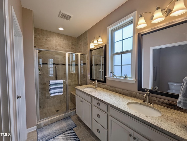1033 Cuthbert Ln, Durham, NC 27703 - full bath featuring double vanity, a stall shower, and toilet