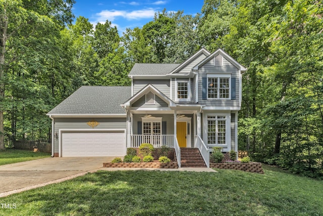 2513 Myrtle Ln, Hillsborough, NC 27278 - traditional home with a garage, a porch, concrete driveway, a ceiling fan, and roof with shingles