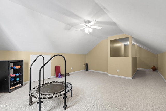 bonus room featuring carpet floors, baseboards, vaulted ceiling, and ceiling fan