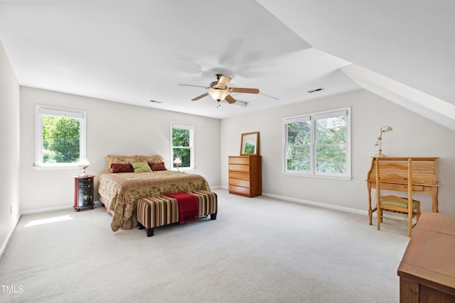 carpeted bedroom with baseboards and ceiling fan