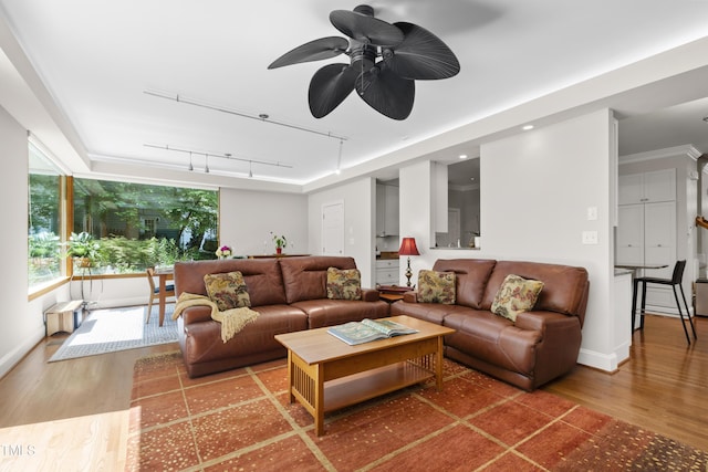 living area with wood finished floors, rail lighting, ceiling fan, and baseboards