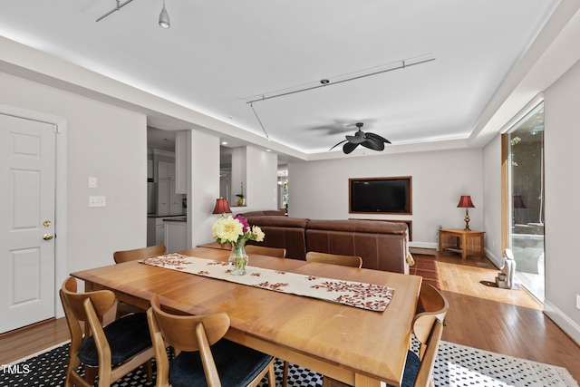 dining space with a tray ceiling, wood finished floors, a ceiling fan, and baseboards