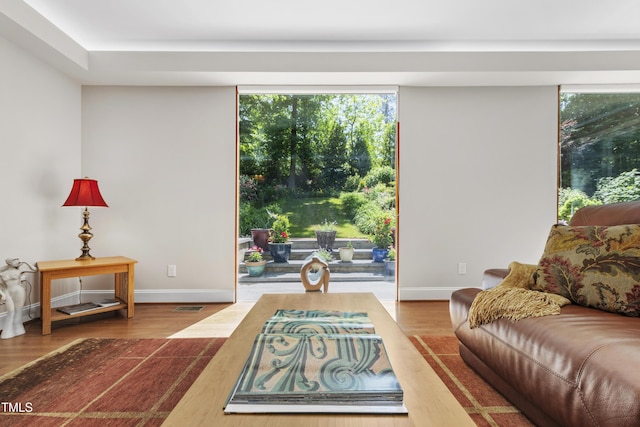 living area featuring wood finished floors and baseboards